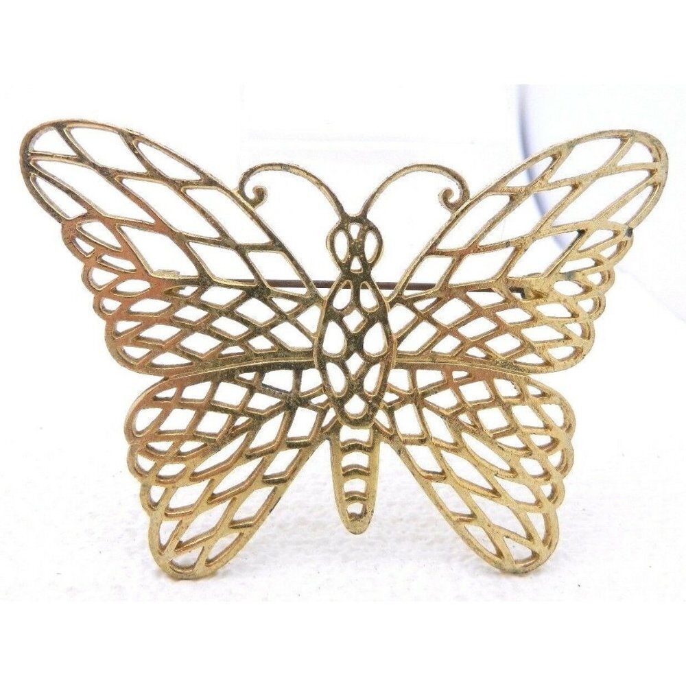 Vintage Gold Tone PL Signed Large Butterfly Filigr